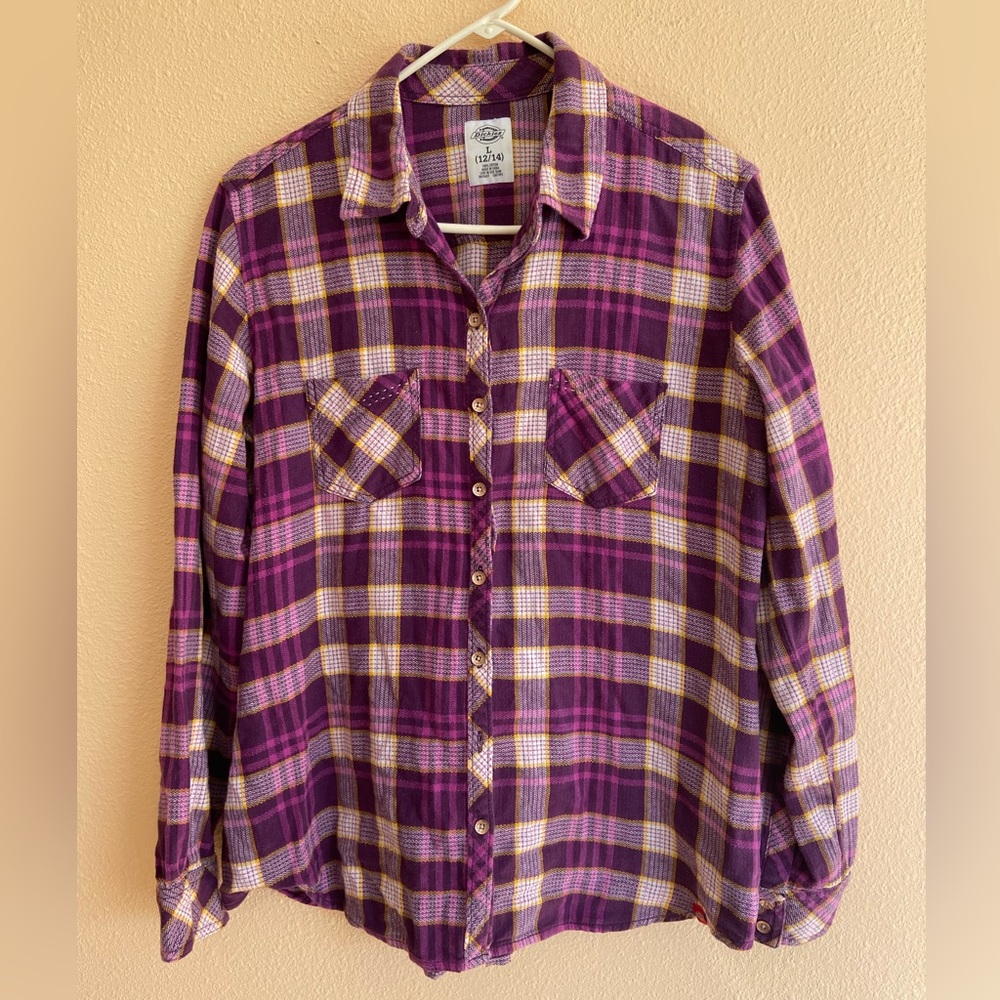 Women’s Girls Dickies Purple Plaid Button-Down Shirt, Size 12/14 Large, Cotton